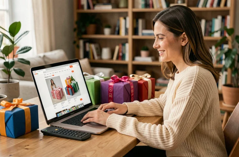 Femme souriante faisant des achats cadeaux en ligne sur un laptop avec des boîtes cadeau colorées sur son bureau en bois