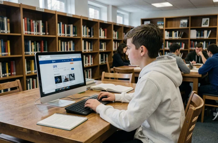 Adolescent utilisant le moteur de recherche SFR sur un ordinateur de bibliothèque pour ses recherches scolaires