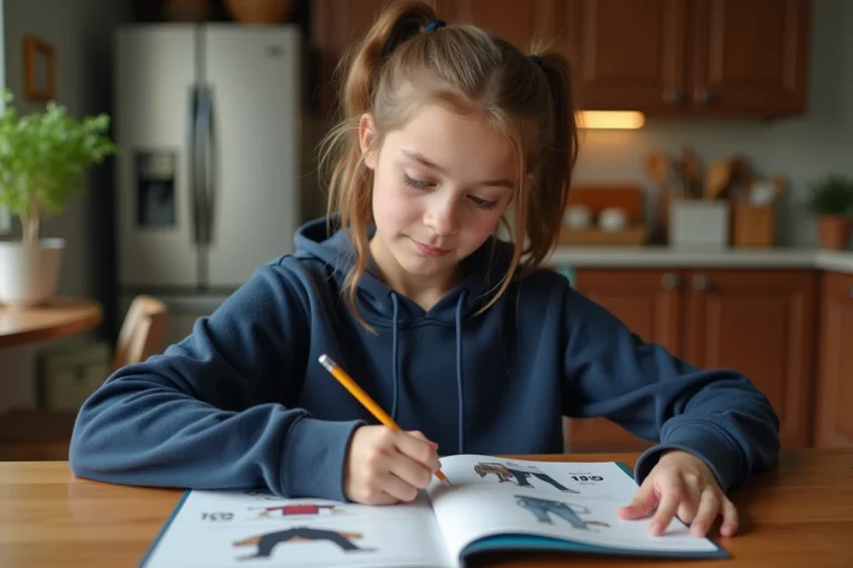 Adolescente consultant le catalogue rentrée scolaire Leclerc 2026 à la table de cuisine en cochant les offres au crayon