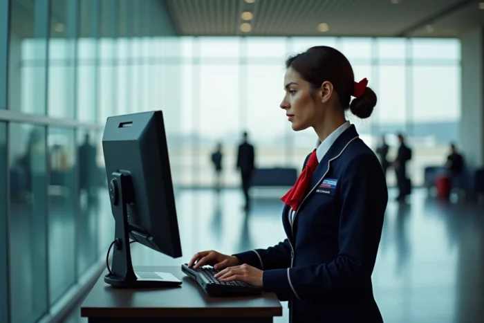 Agent Air France au podium de la porte d'embarquement gérant la liste des passagers et les no shows
