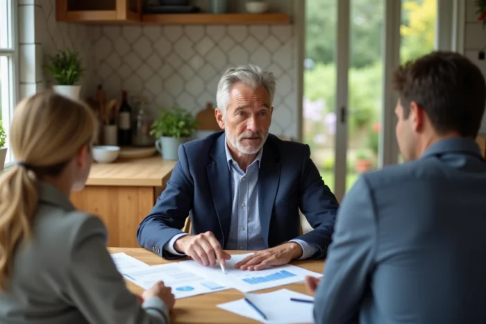 Agent d'assurance présentant les garanties d'une assurance habitation pour maison mitoyenne par garage à un couple de propriétaires