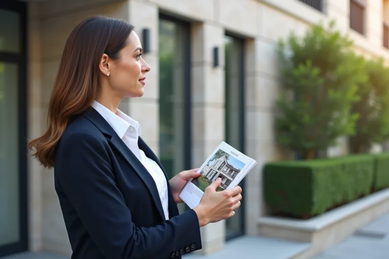 Agent immobilier féminine présentant une annonce devant un immeuble résidentiel moderne en milieu urbain