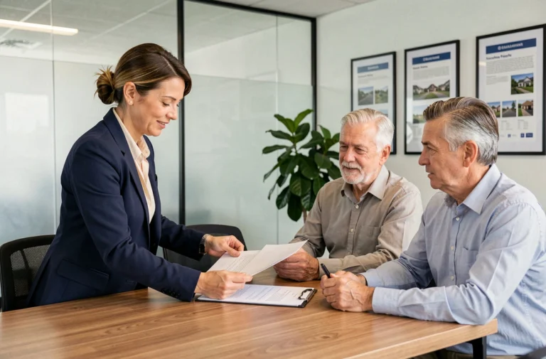 Agent immobilière professionnelle conseillant un couple dans une agence immobilière moderne en France