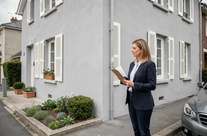 Agent immobilière inspectant la façade rénovée et repeinte d'une maison avant sa mise en vente
