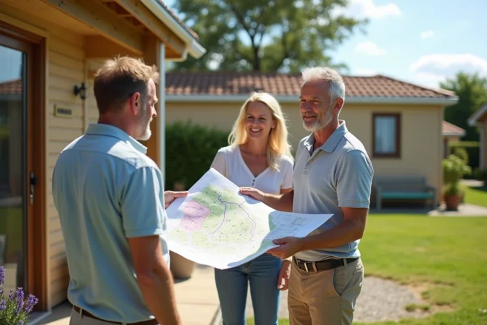 Agent immobilier présentant un plan de parcelles de chalet à des acheteurs dans un parc résidentiel de loisirs en Vendée
