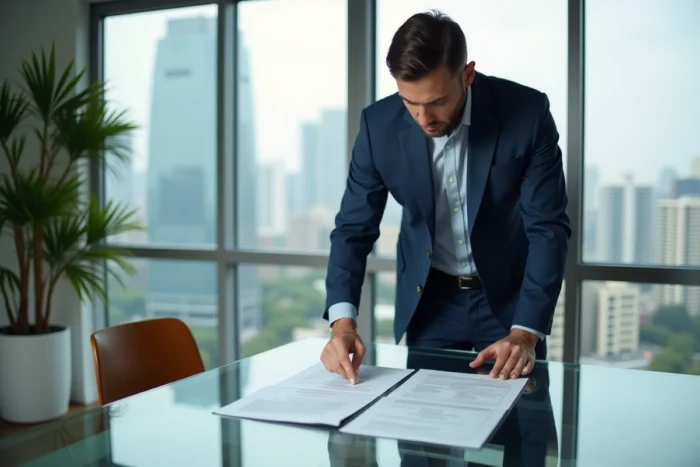 Agent immobilier présentant un document de pré-état daté vierge dans une agence immobilière moderne