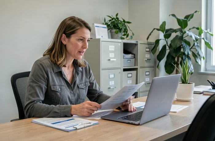 Une femme demandeuse d'emploi discutant d'une aide à la garde d'enfant avec un conseiller dans un bureau de l'emploi