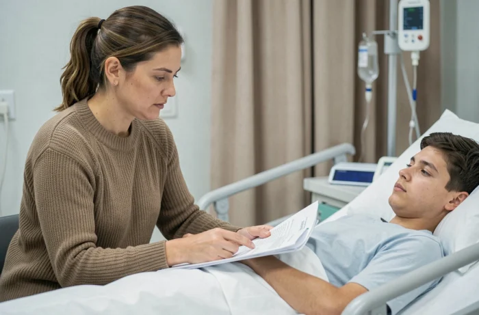 Une mère assise au chevet de son enfant malade à l'hôpital, tenant des papiers relatifs à l'Allocation journalière de présence parentale