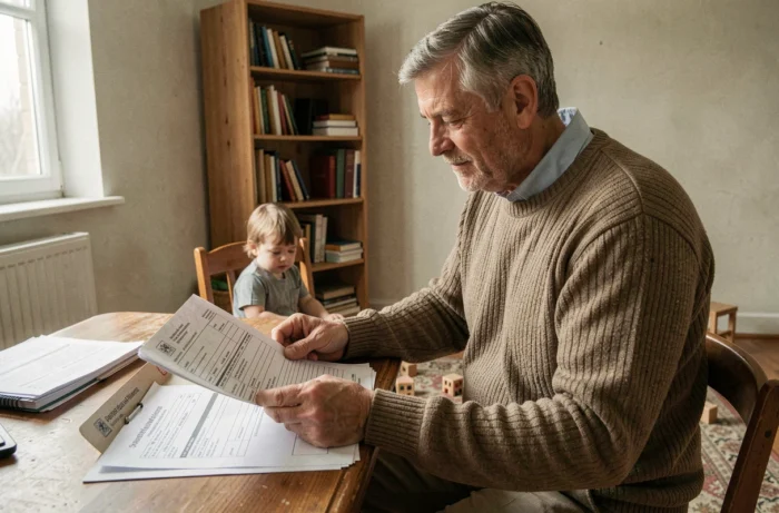 Un père isolé examinant des formulaires administratifs pour l'Allocation de soutien familial à son domicile, avec son enfant jouant en arrière-plan