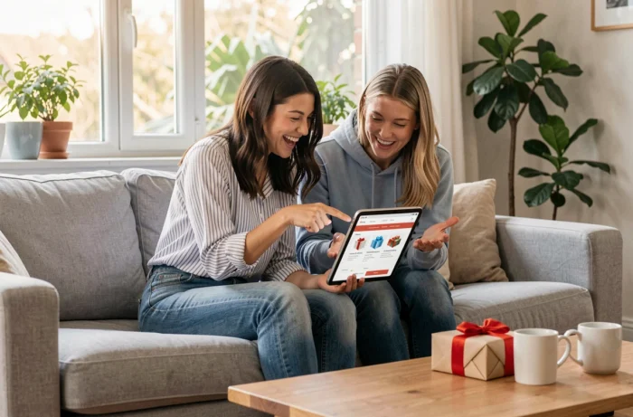 Deux amies partageant leur enthousiasme devant un programme de récompenses cadeaux en ligne sur une tablette dans un salon