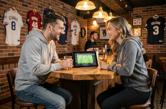 Deux amis regardant un événement sportif en direct sur une tablette dans un bar sportif