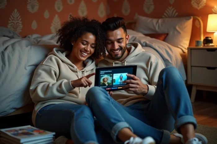 Deux amis regardant gratuitement des films en streaming sur une tablette dans une chambre à coucher