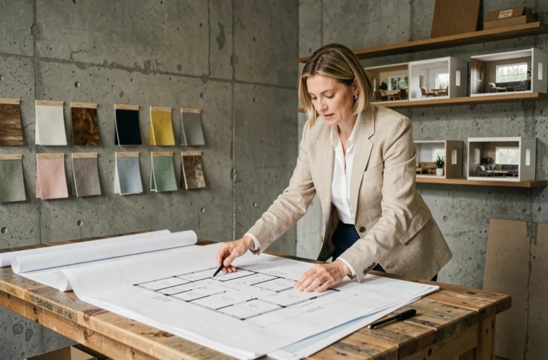 Architecte d'intérieur féminine étudiant des plans de rénovation dans son studio de design contemporain