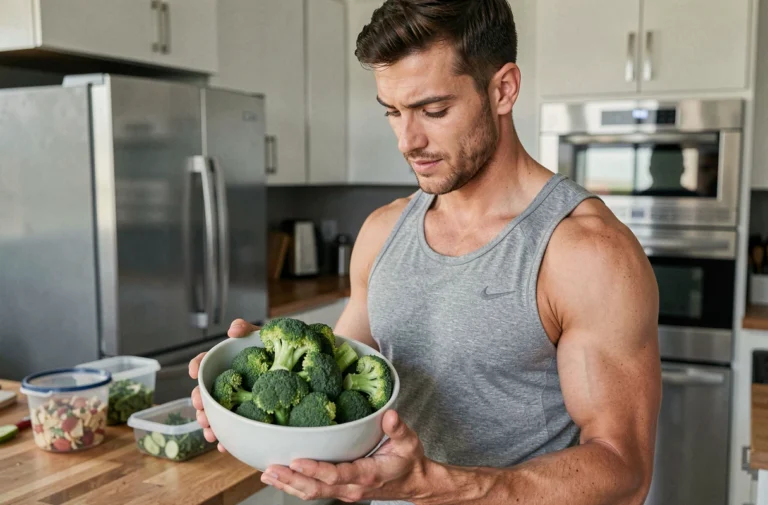 Athlète masculin en cuisine tenant un bol de brocolis frais pour la préparation de repas musculation