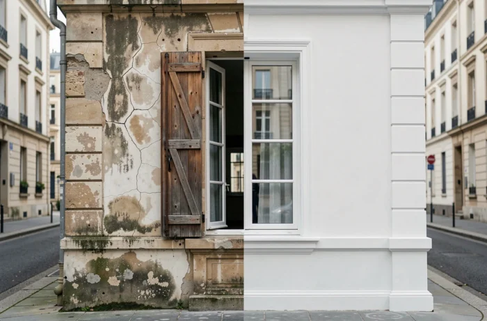 Comparaison avant-après d'une façade de maison ancienne rénovée avec une nouvelle couche de peinture extérieure
