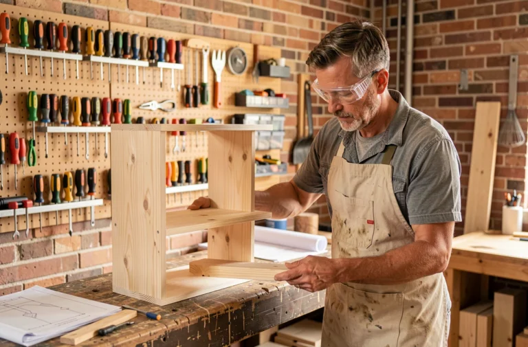 Homme bricoleur assemblant une étagère en bois dans un atelier maison avec des outils modernes