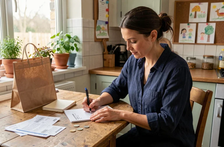 Femme qui planifie le budget familial à la table de cuisine avec des courses et un carnet de notes