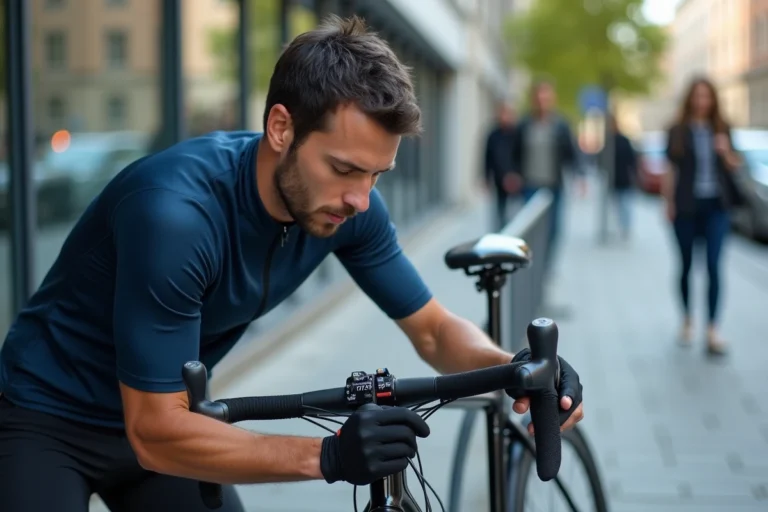 Cycliste utilisant un cadenas vélo Decathlon à code pour sécuriser son vélo à un rack urbain