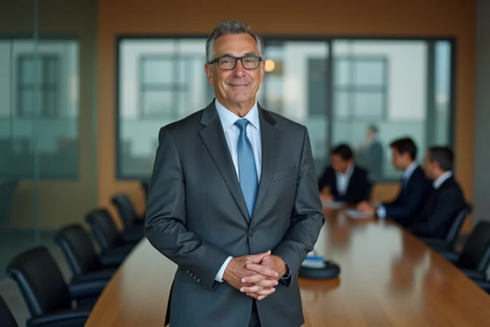 Cadre dirigeant en costume gris dans une salle de réunion moderne, symbole de leadership discret et influent
