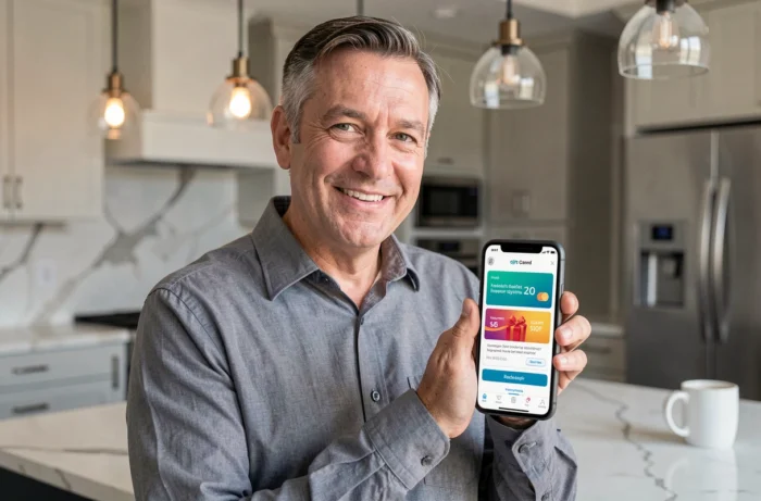 Homme tenant un smartphone affichant une carte cadeau numérique et des récompenses dans une cuisine moderne