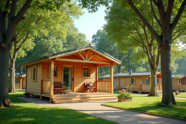 Chalet en bois dans un parc résidentiel de loisirs en Vendée avec parcelle délimitée et végétation naturelle