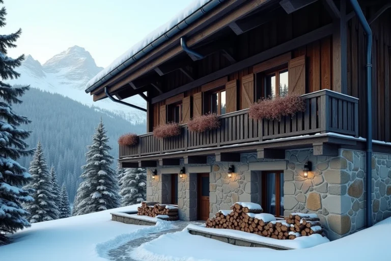Chalet savoyard traditionnel en bois et pierre sous la neige fraîche dans les Alpes françaises