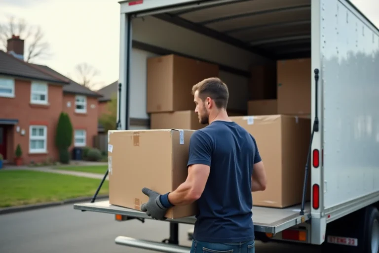 Homme chargeant des meubles dans un camion de location blanc devant une maison résidentielle