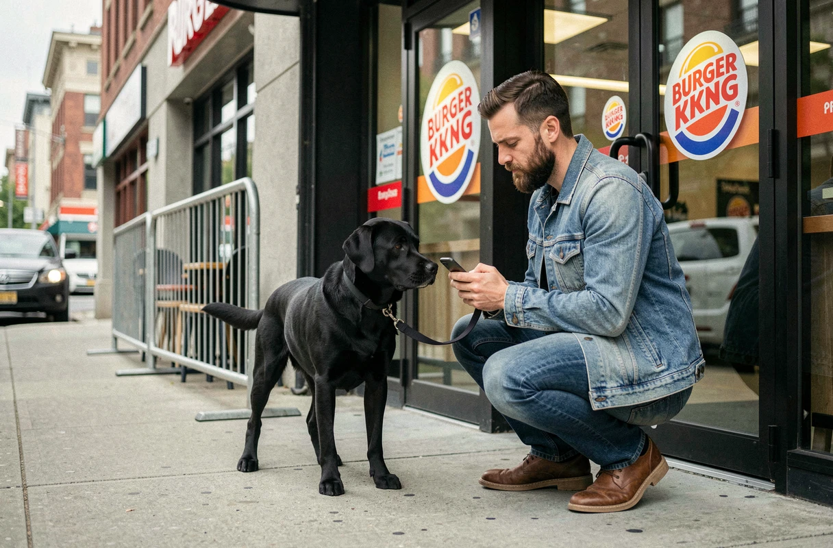 Labrador noir tenu en laisse devant l'entrée d'un restaurant Burger King en ville