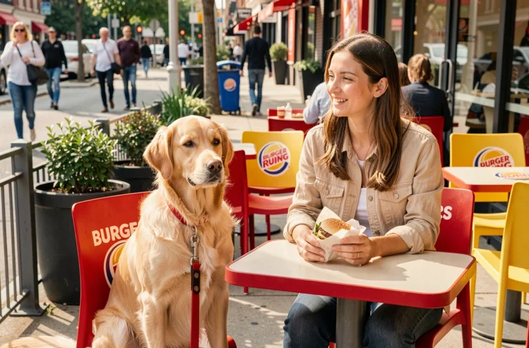 Chien golden retriever assis calmement en terrasse d'un Burger King avec sa propriétaire