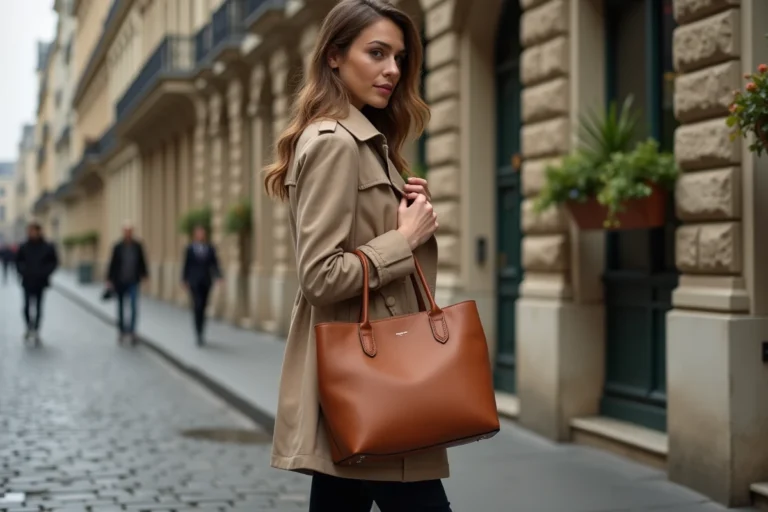 Femme élégante tenant un sac cabas en cuir structuré dans une rue pavée parisienne, illustrant le choix d'un sac tendance pour une occasion urbaine et professionnelle