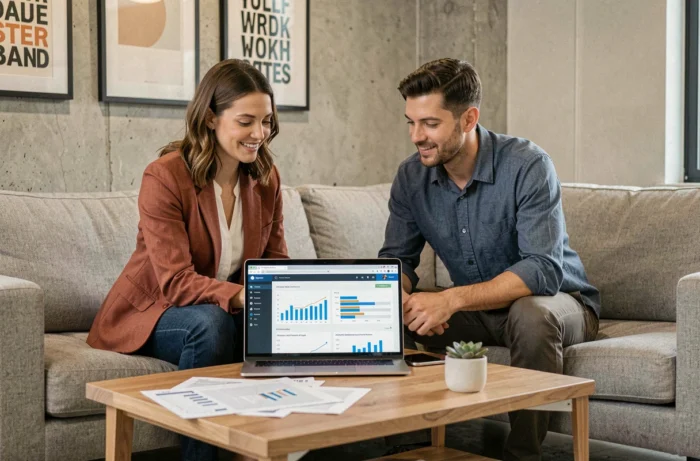 Deux collègues collaborant sur des ressources business en ligne dans une zone de détente de startup moderne
