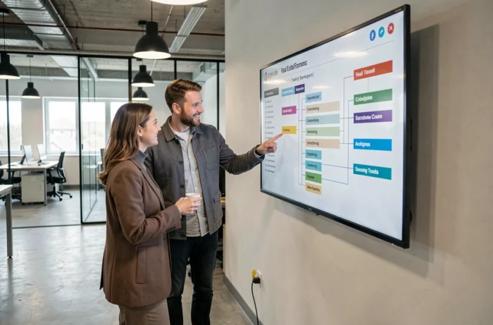 Deux collègues analysant le plan d'un forum immobilier sur un écran mural dans un espace de coworking