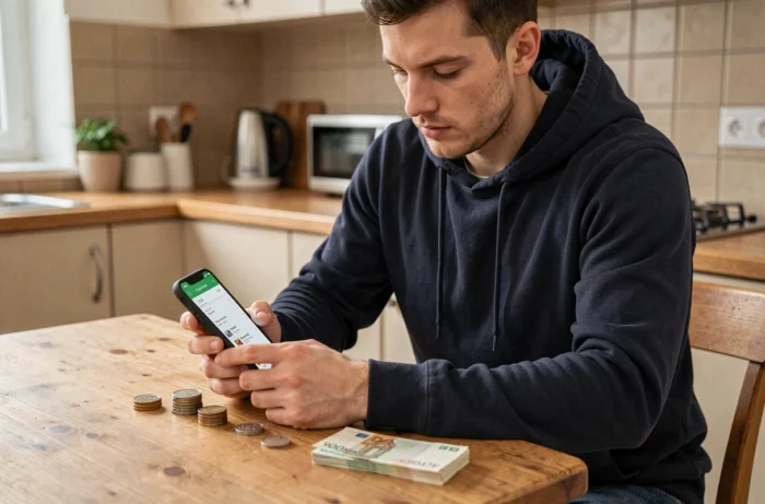 Homme consultant l'application Uber Eats sur smartphone avec des billets et pièces en euros posés sur une table de cuisine