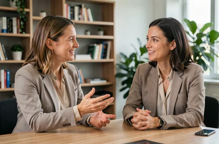 Deux femmes professionnelles en discussion animée dans un bureau moderne, illustrant une communication efficace au travail