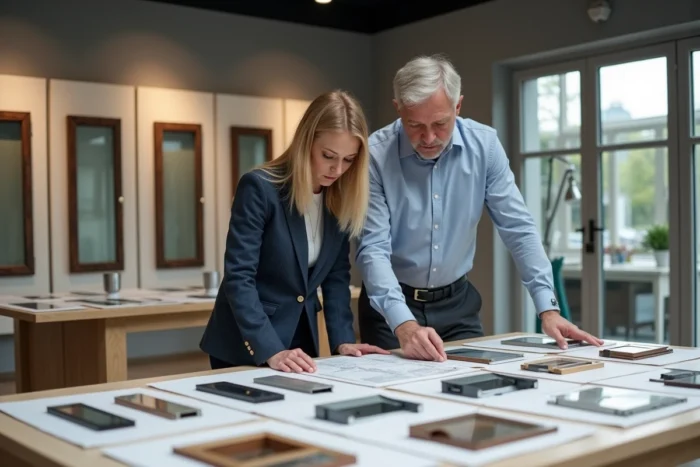 Deux professionnels comparant des échantillons et catalogues de fenêtres dans un showroom de fabricant spécialisé