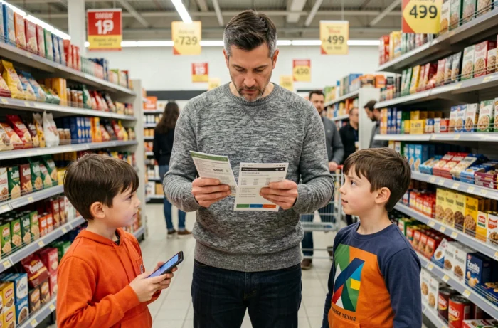 Père de famille comparant les prix en supermarché avec ses enfants pour faire des économies