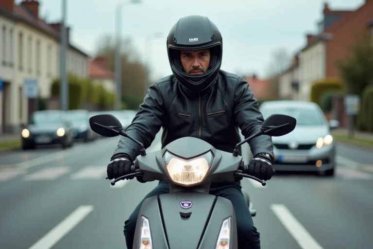 Homme en blouson moto sur un scooter 125cc à un carrefour urbain, illustrant la conduite d'un 125 avec le permis B