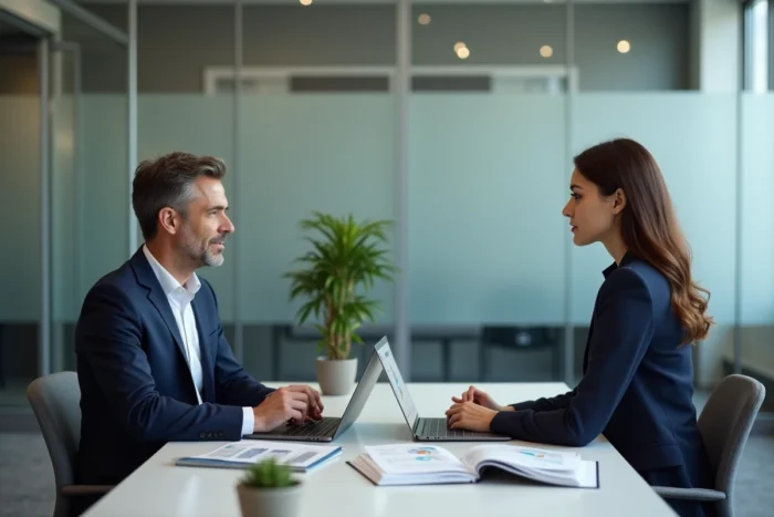Conseiller bancaire présentant une simulation de crédit immobilier à une cliente lors d'un rendez-vous en agence