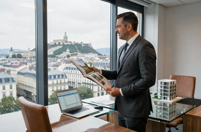 Conseiller immobilier présentant des opportunités d'investissement fiscal à Lyon avec vue sur la basilique de Fourvière
