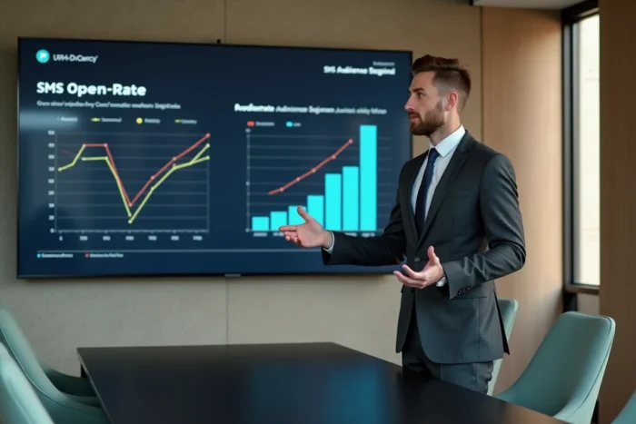 Consultant en agence marketing présentant des résultats de campagne SMS à un client lors d'une réunion professionnelle