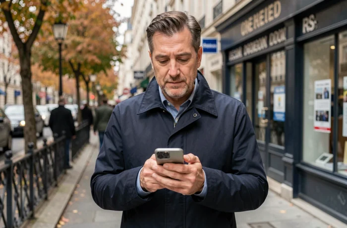 Homme consultant son compte La Poste Mobile en rue devant une agence postale