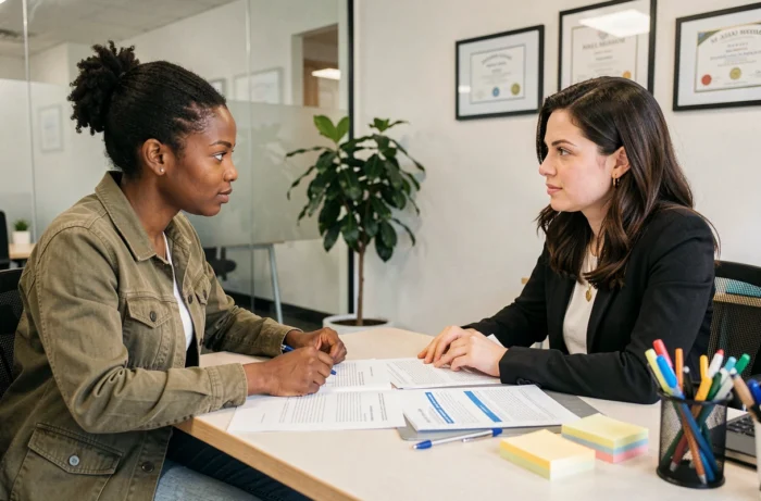 Jeune femme consultée par une conseillère juridique pour corriger une erreur sur son titre de séjour