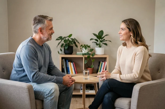 Un parent en consultation avec un professionnel de santé mentale dans un cabinet apaisant pour aborder les premiers signes d'épuisement parental