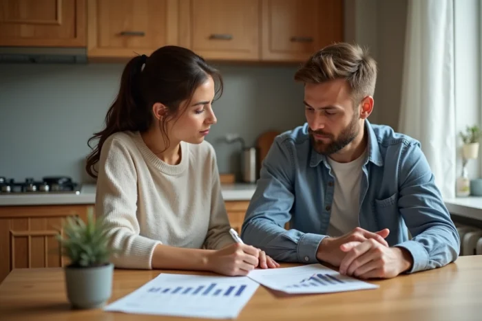Couple examinant des documents de crédit immobilier à leur table de cuisine, comparant les offres de financement pour l'achat d'un appartement