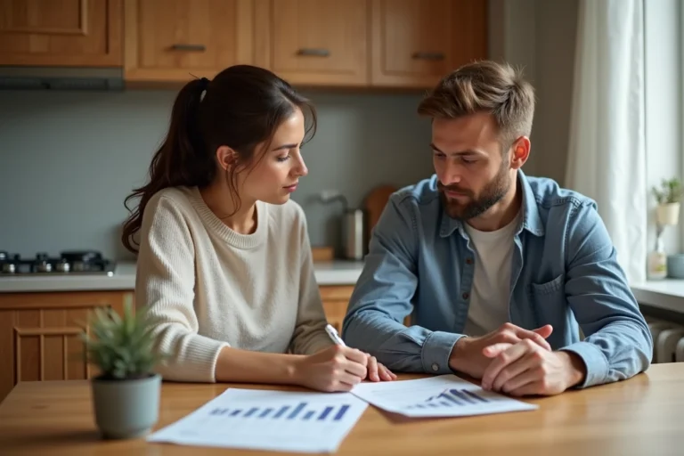 Couple examinant des documents de crédit immobilier à leur table de cuisine, comparant les offres de financement pour l'achat d'un appartement