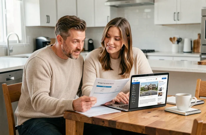Couple étudiant un dossier de prêt immobilier et des annonces sur ordinateur dans une cuisine moderne