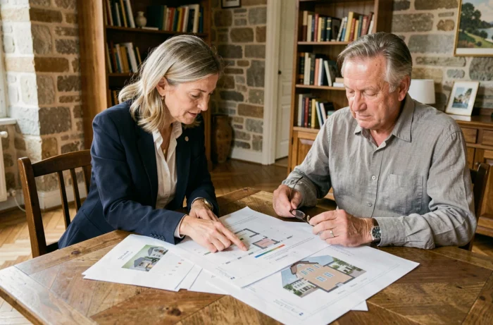 Couple de retraités étudiant des documents immobiliers à Lyon pour préparer leur investissement fiscal