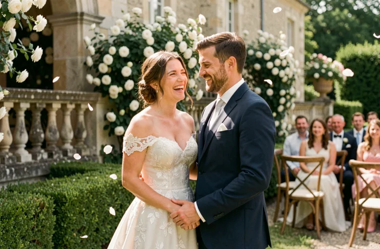 Couple de mariés riant dans un jardin de château français orné de roses blanches lors d'une cérémonie de mariage élégante