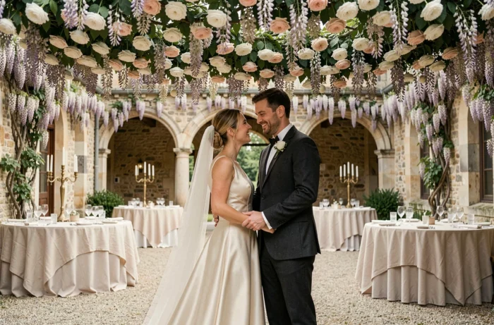 Couple de mariés riant sous un dais de roses dans la cour d'un château français lors d'un mariage élégant et personnalisé