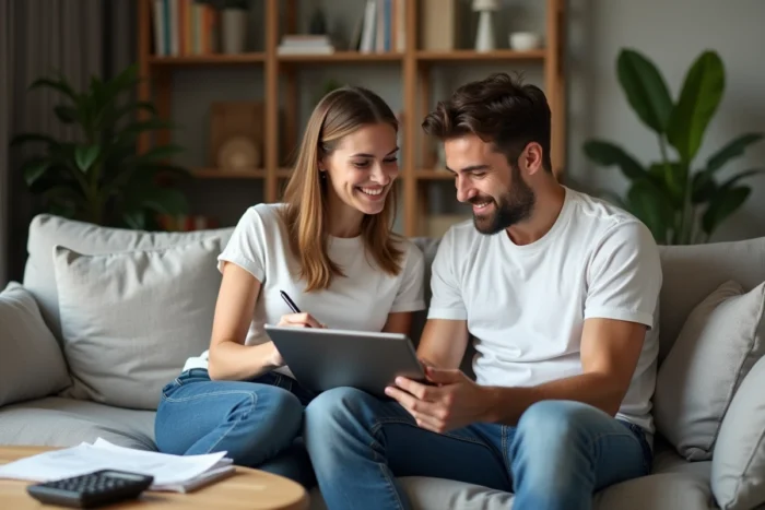 Couple planifiant leur budget familial ensemble sur une tablette dans leur salon avec carnet de notes